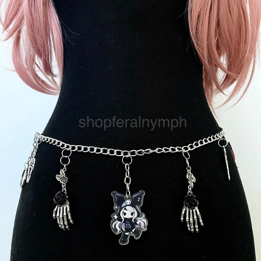 Silver Kawaii Whimsygoth Anime Skeleton Chain Belt, Fits 23-45 Inches, X7GA1350